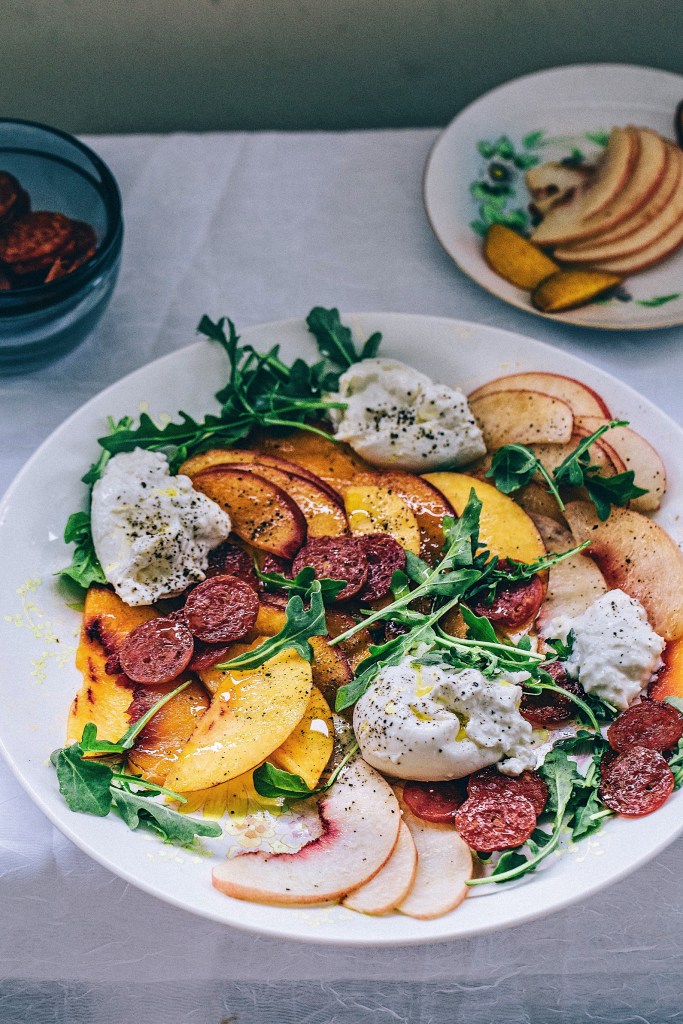 Peaches and Cream Salad with Spicy Pepperoni